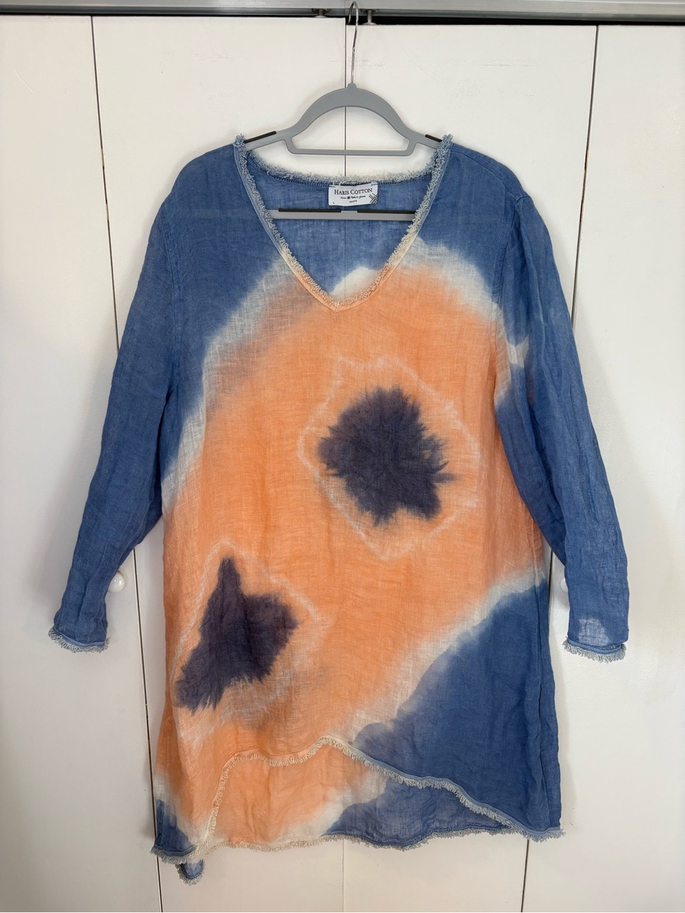 “V” Neckline Flared Linen Gauze Tie Dye Top – Lapis/Peachy By Haris Cotton